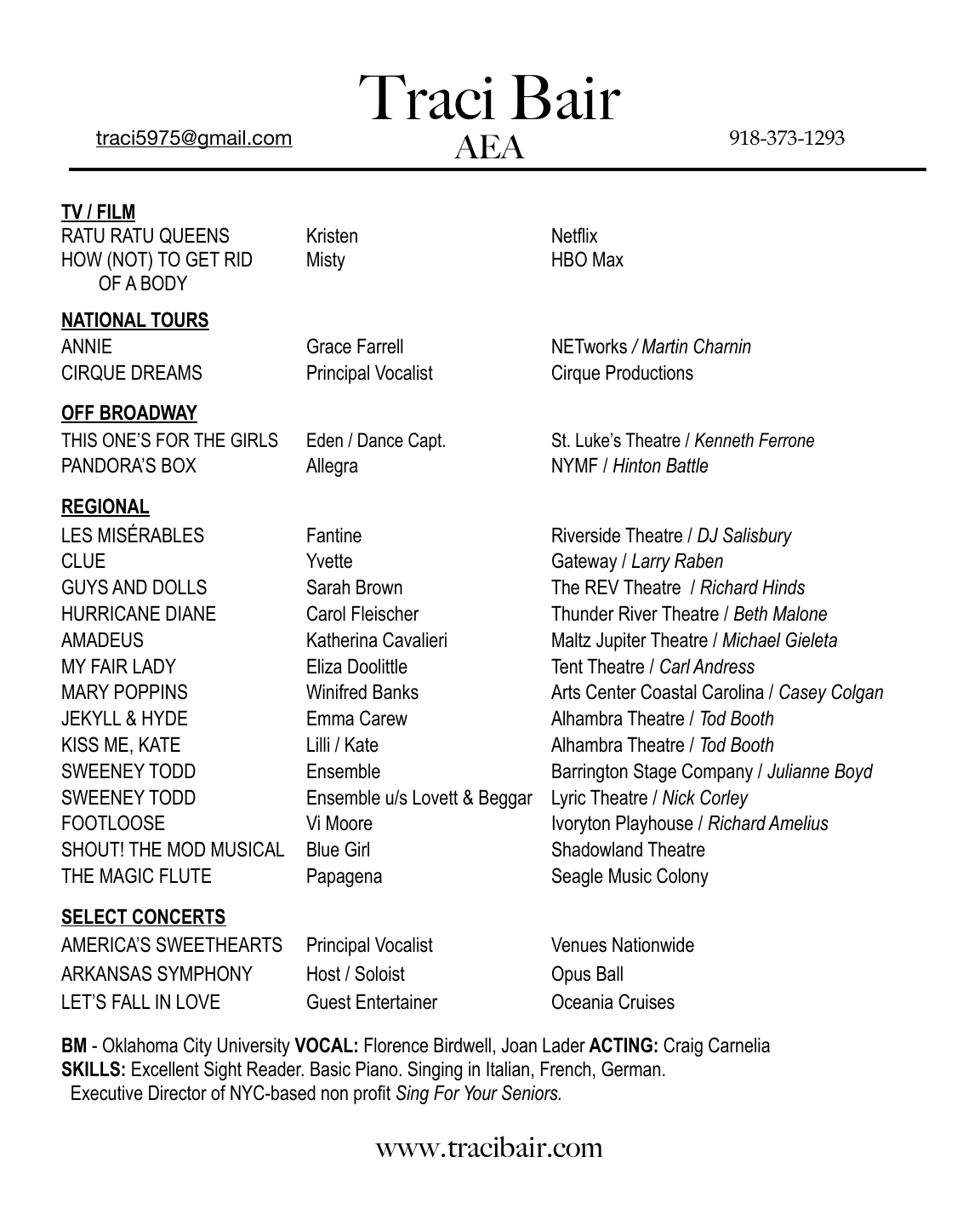 Traci Bair Music Theatre Resume